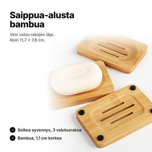 Saippua-alusta bambua: kolme alustaa, yhdellä palasaippua, noin 11,7 × 7,8 cm ja kolme valutusrakoa