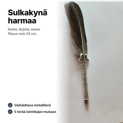 Sulkakynä harmaa – kuvioitu hopeanvärinen metallivarsi ja vaihdettava terä, pituus noin 25 cm