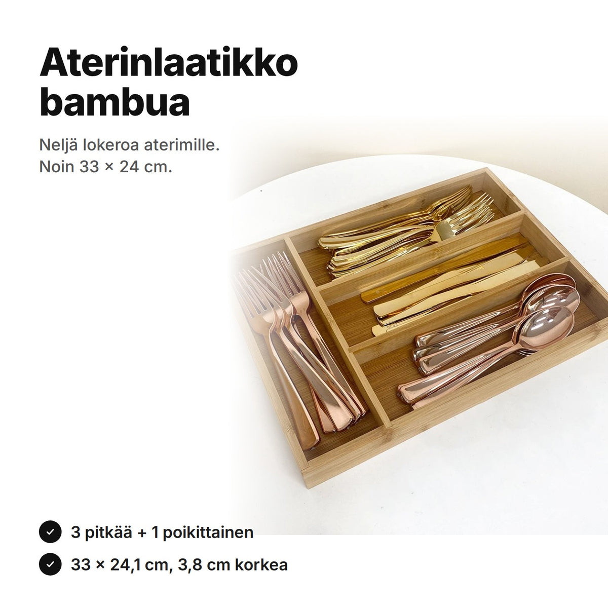 Aterinlaatikko bambua, neljä lokeroa ja aterimet – 33 × 24,1 cm ja 3,8 cm korkea