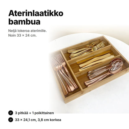Aterinlaatikko bambua, neljä lokeroa ja aterimet – 33 × 24,1 cm ja 3,8 cm korkea