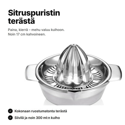Käsikäyttöinen sitruspuristin ruostumatonta terästä: kartio, siivilä ja kulho – noin 17 cm kahvoineen