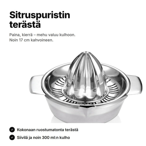 Käsikäyttöinen sitruspuristin ruostumatonta terästä: kartio, siivilä ja kulho – noin 17 cm kahvoineen