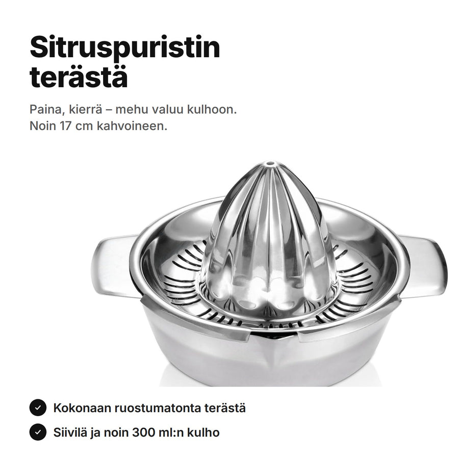Käsikäyttöinen sitruspuristin ruostumatonta terästä: kartio, siivilä ja kulho – noin 17 cm kahvoineen