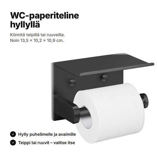 WC-paperiteline hyllyllä, mustaa ruostumatonta terästä, varressa vessapaperirulla – kiinnitys teipillä tai ruuveilla, noin 13,5 × 10,2 × 10,9 cm