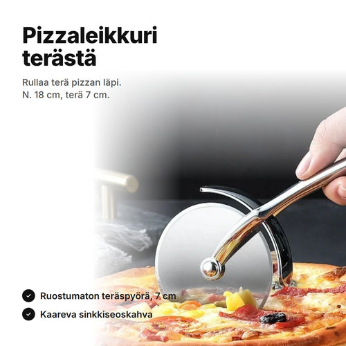Pizzaleikkuri ruostumatonta terästä rullaamassa pizzan läpi – n. 18 cm pitkä, terä 7 cm