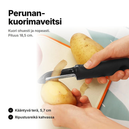 Perunankuorimaveitsi kääntyvällä terällä perunan kuorinnassa – pituus 18,5 cm, terä 5,7 cm