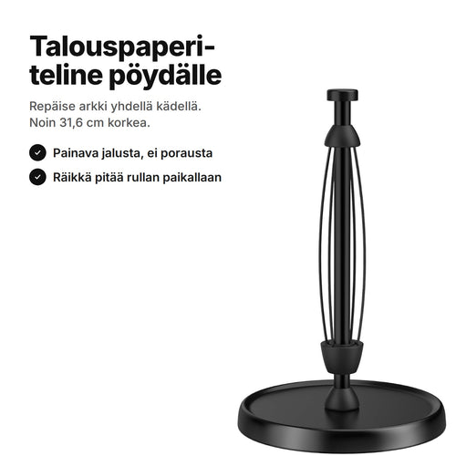 Talouspaperiteline pöydälle: musta teline, jossa painava pyöreä jalusta – noin 31,6 cm korkea