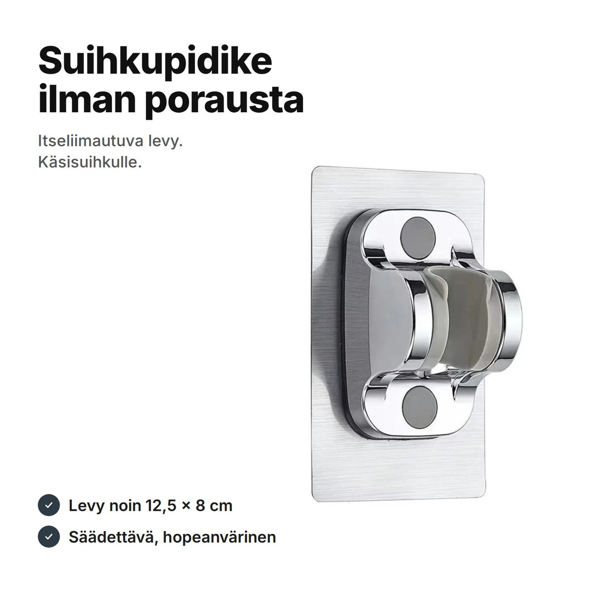 Hopeanvärinen itseliimautuva suihkupidike käsisuihkulle, liimalevy noin 12,5 × 8 cm