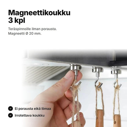 Magneettikoukku 3 kpl – teräspinnoille ilman porausta, magneetti Ø 20 mm