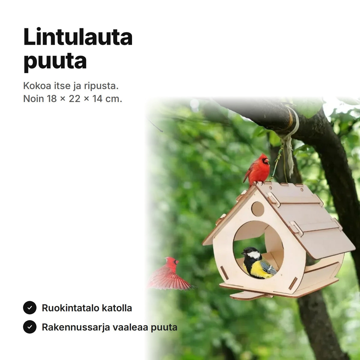 Lintulauta puuta ripustettavaksi, itse koottava ruokintatalo, noin 18 × 22 × 14 cm