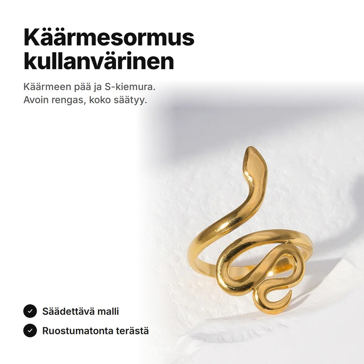 Kullanvärinen käärmesormus – avoin, säädettävä rengas, jossa käärmeen pää ja S-kiemura