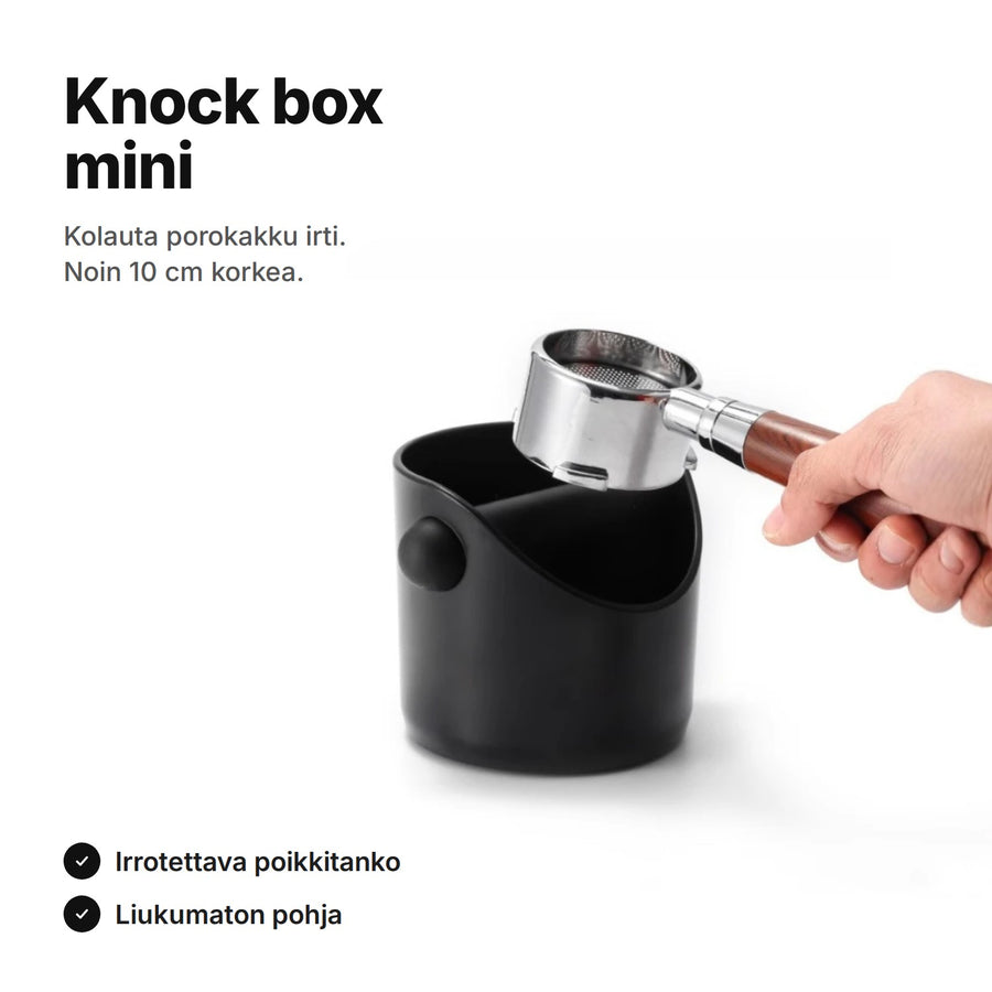 Musta knock box mini ja suodatinkahva laatikon yllä – noin 10 cm korkea, irrotettava poikkitanko