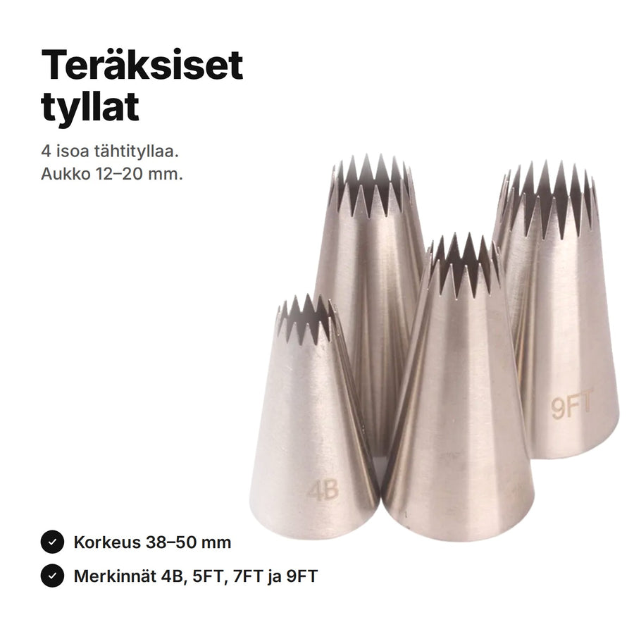 Teräksiset tyllat – 4 isoa tähtityllaa, aukko 12–20 mm