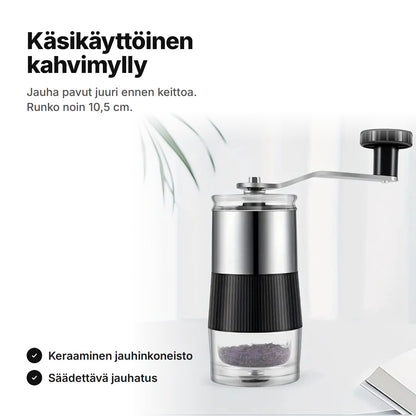 Käsikäyttöinen kahvimylly, jossa keraaminen jauhinkoneisto ja säädettävä jauhatus – runko noin 10,5 cm