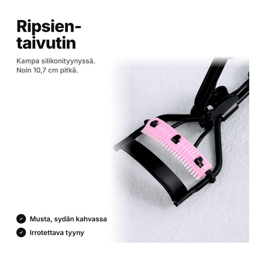 Ripsientaivutin kammalla: musta kehys ja vaaleanpunainen silikonityyny, noin 10,7 cm