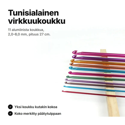 Tunisialainen virkkuukoukku – 11 alumiinista koukkuamiskoukkua 2–8 mm, pituus 27 cm