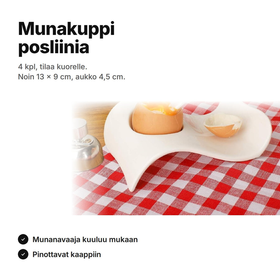 Valkoinen posliininen munakuppi aaltomaisena alustana, pehmeäksi keitetty muna ja kuoren kärki – 4 kpl, noin 13 × 9 cm