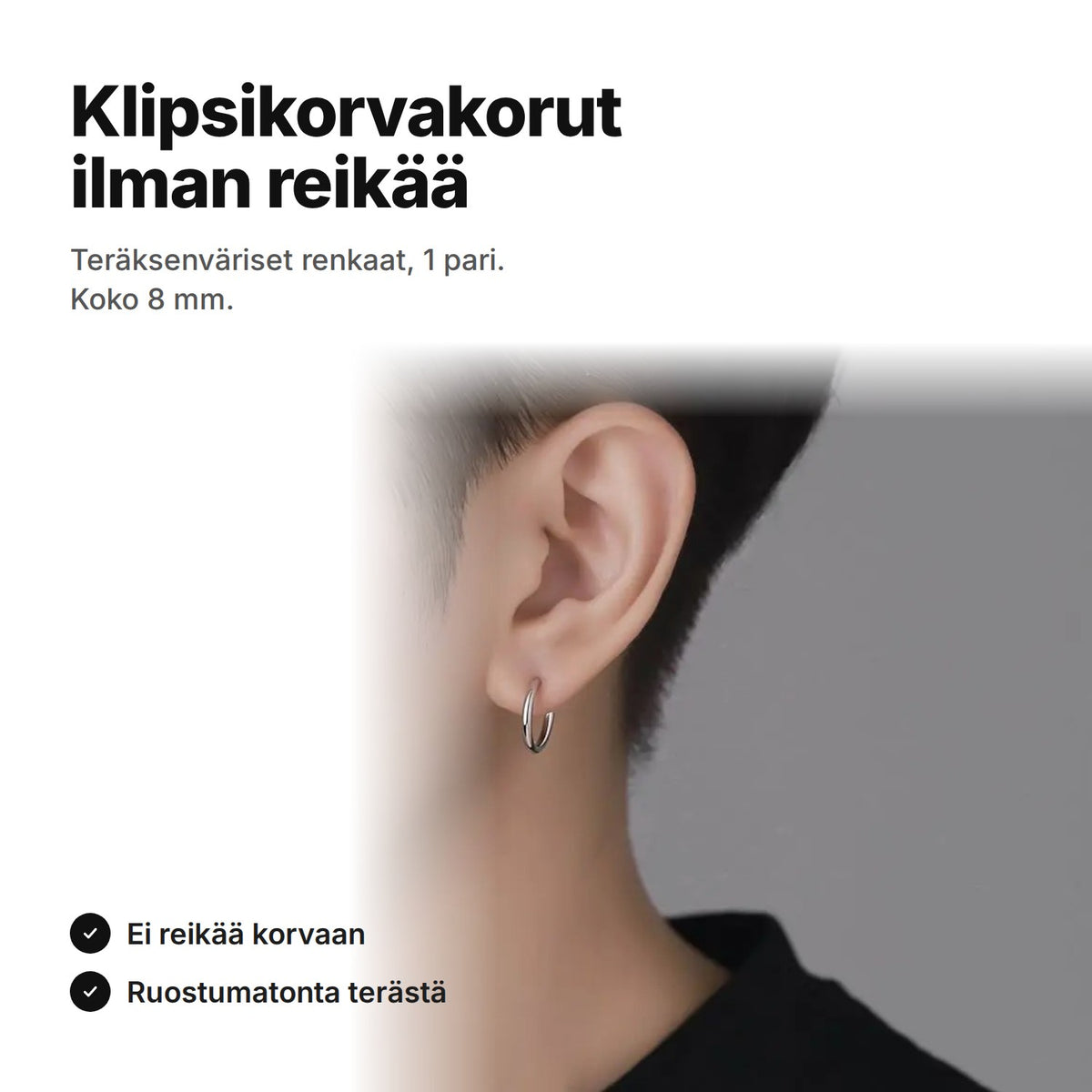 Klipsikorvakorut ilman reikää – teräksenväriset renkaat, koko 8 mm, 1 pari