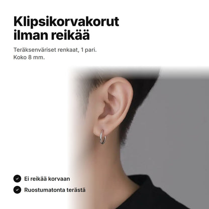 Klipsikorvakorut ilman reikää – teräksenväriset renkaat, koko 8 mm, 1 pari