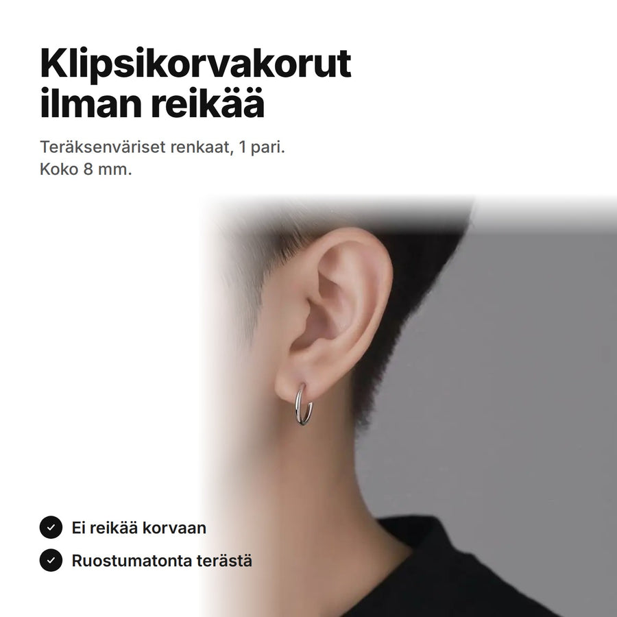 Klipsikorvakorut ilman reikää – teräksenväriset renkaat, koko 8 mm, 1 pari