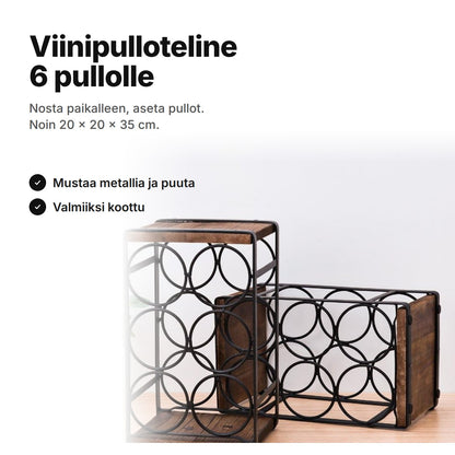 Viinipulloteline mustaa metallia ja rustiikkista puuta kuudelle pullolle – noin 20 × 20 × 35 cm, valmiiksi koottu