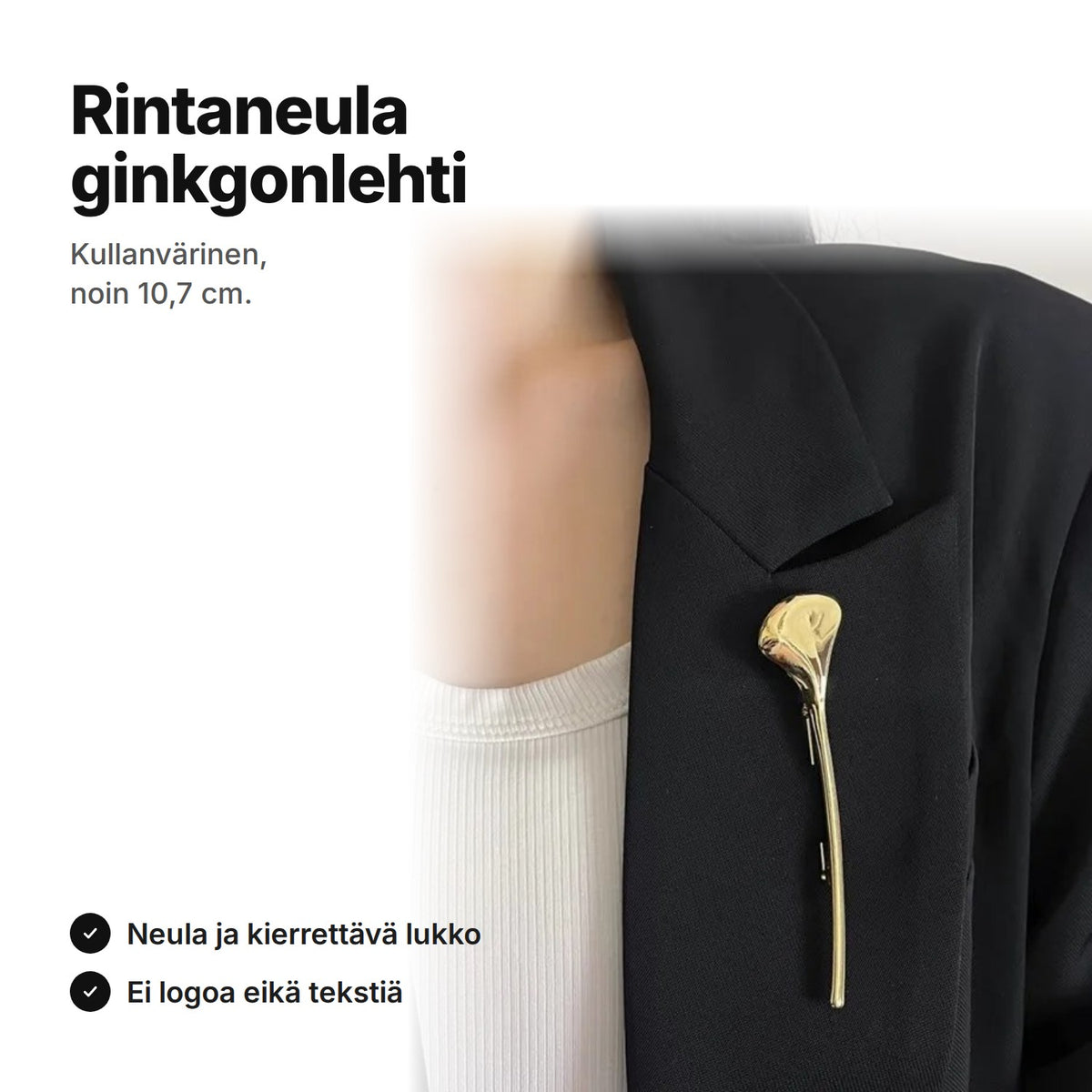 Kullanvärinen ginkgonlehden muotoinen rintaneula jakun rinnuksessa, noin 10,7 cm