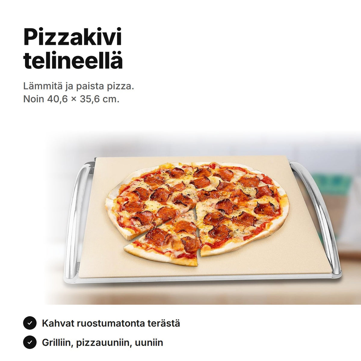 Pizzakivi kordieriittia telineellä ja pizza – noin 40,6 × 35,6 cm, kahvat ruostumatonta terästä