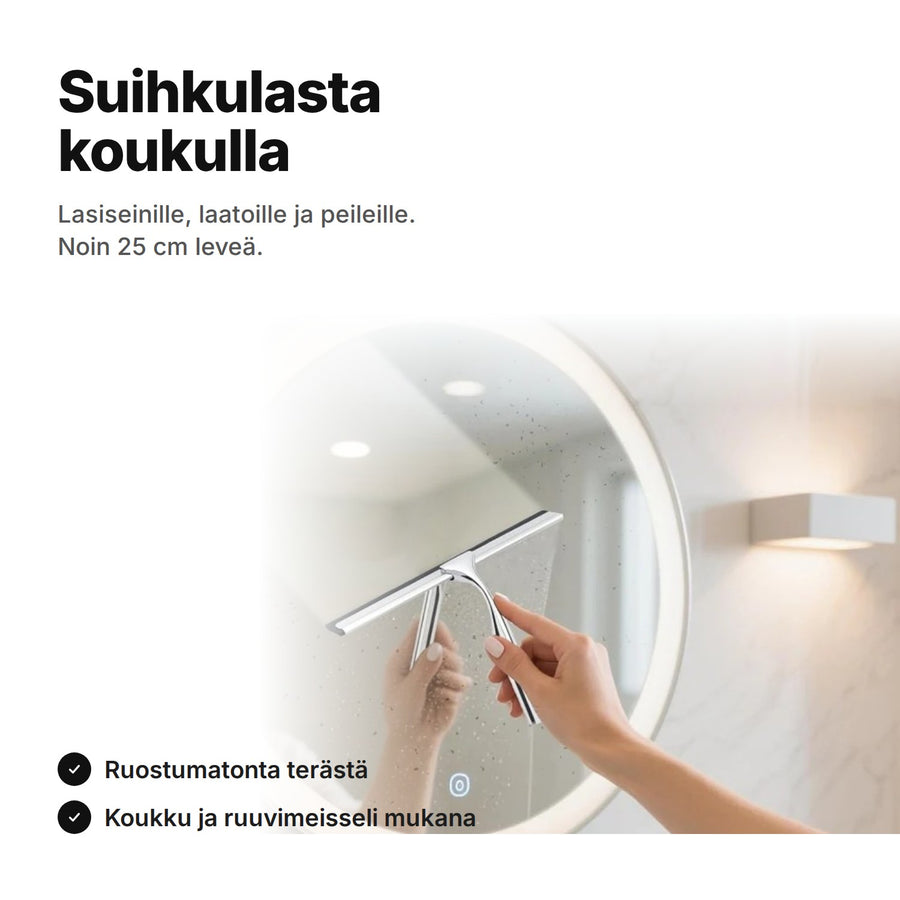 Suihkulasta ruostumatonta terästä peilillä – noin 25 cm leveä, silikonilasta, koukku ja ruuvimeisseli