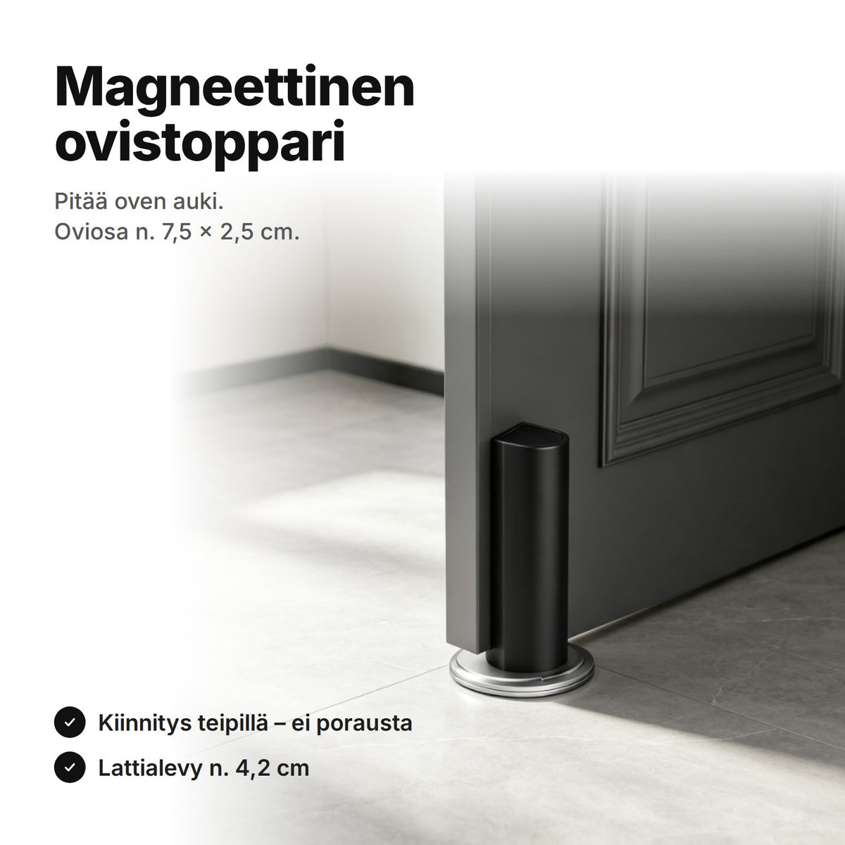 Musta magneettinen ovistoppari oven alaosassa – oviosa n. 7,5 × 2,5 cm, kiinnitys teipillä ilman porausta