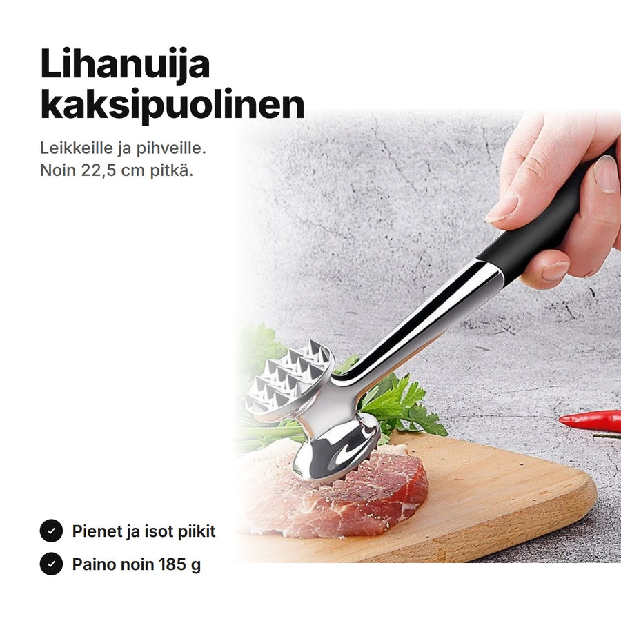 Kaksipuolinen lihanuija, noin 22,5 cm pitkä, pienet ja isot pyramidipiikit ja musta kahva