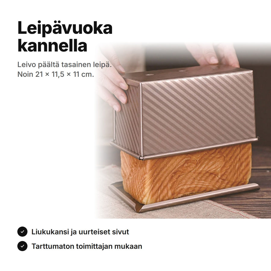 Leipävuoka kannella nostetaan suorakulmaisen leivän päältä – noin 21 × 11,5 × 11 cm, liukukansi ja uurteiset sivut