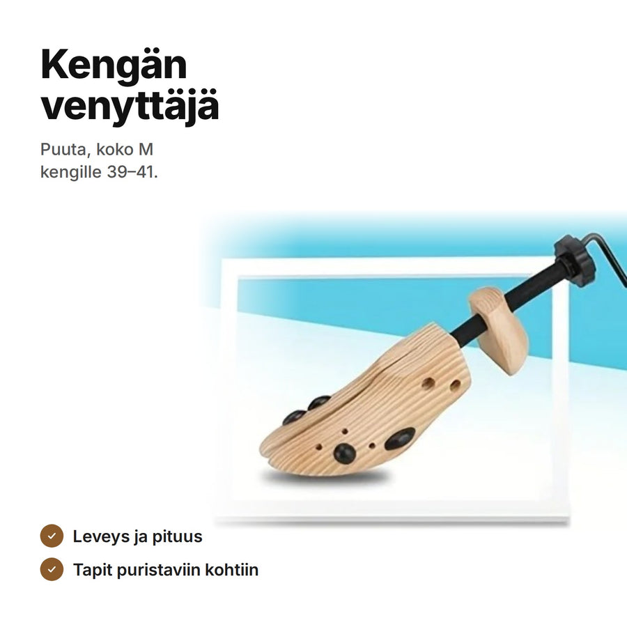 Kengän venyttäjä puuta, koko M kengille 39–41 – venyttää leveys- ja pituussuunnassa, mukana tapit