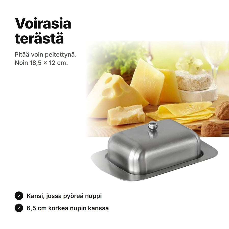 Voirasia ruostumatonta terästä, kansi ja pyöreä nuppi – noin 18,5 × 12 cm ja 6,5 cm korkea