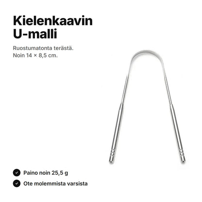 U:n muotoinen kielenkaavin ruostumatonta terästä, noin 14 × 8,5 cm ja 25,5 g