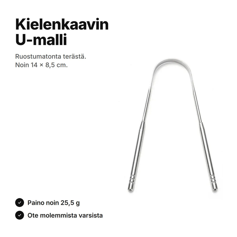 U:n muotoinen kielenkaavin ruostumatonta terästä, noin 14 × 8,5 cm ja 25,5 g