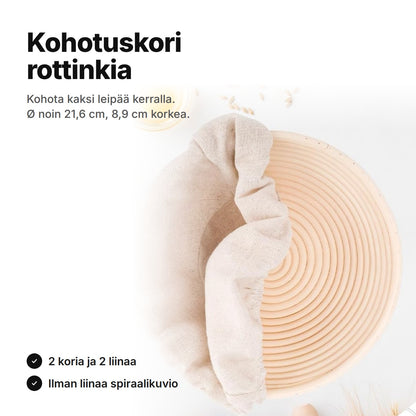 Kohotuskori rottinkia liinan kanssa ylhäältä – Ø noin 21,6 cm, 8,9 cm korkea, 2 kpl