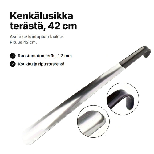 Kenkälusikka ruostumatonta terästä – pituus 42 cm, mustassa päässä koukku ja ripustusreikä