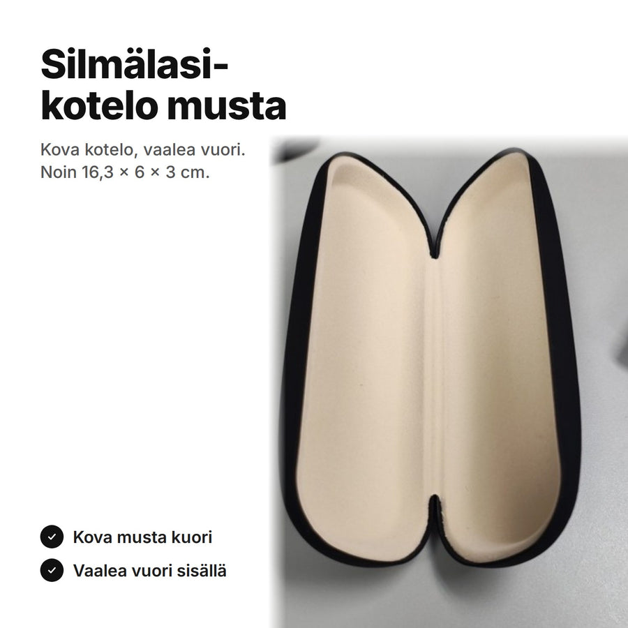 Kova musta silmälasikotelo vaalealla vuorella, noin 16,3 × 6 × 3 cm