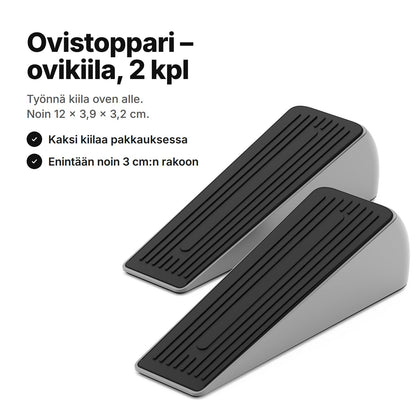 Ovistoppari: kaksi ovikiilaa, joissa harmaat sivut ja musta uritettu yläpinta – noin 12 × 3,9 × 3,2 cm kiilaa kohden