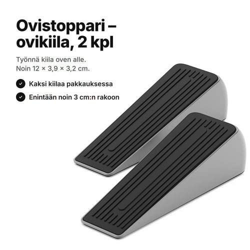 Ovistoppari: kaksi ovikiilaa, joissa harmaat sivut ja musta uritettu yläpinta – noin 12 × 3,9 × 3,2 cm kiilaa kohden