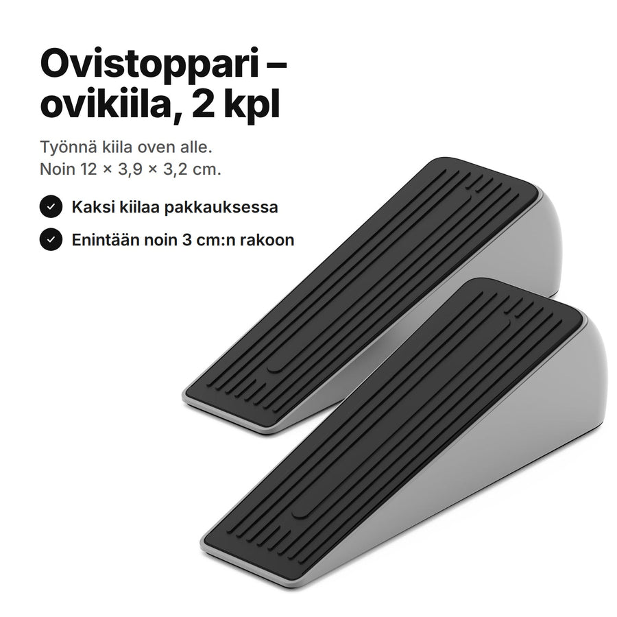 Ovistoppari: kaksi ovikiilaa, joissa harmaat sivut ja musta uritettu yläpinta – noin 12 × 3,9 × 3,2 cm kiilaa kohden