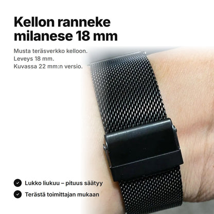 Kellon ranneke milanese 18 mm, musta teräsverkko ja taittuva lukko ranteessa