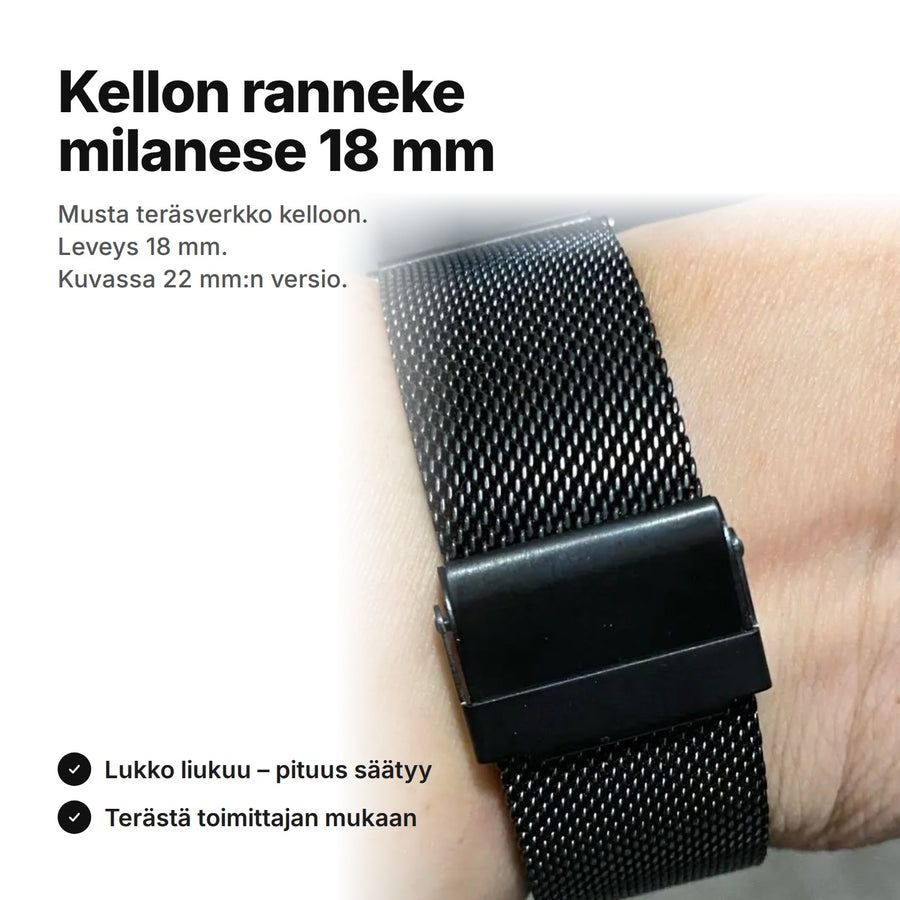 Kellon ranneke milanese 18 mm, musta teräsverkko ja taittuva lukko ranteessa