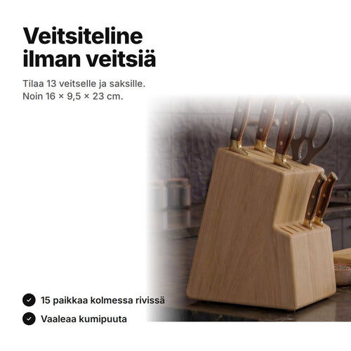 Veitsiteline ilman veitsiä vaaleaa kumipuuta, urissa veitset ja sakset – noin 16 × 9,5 × 23 cm, veitset eivät kuulu toimitukseen