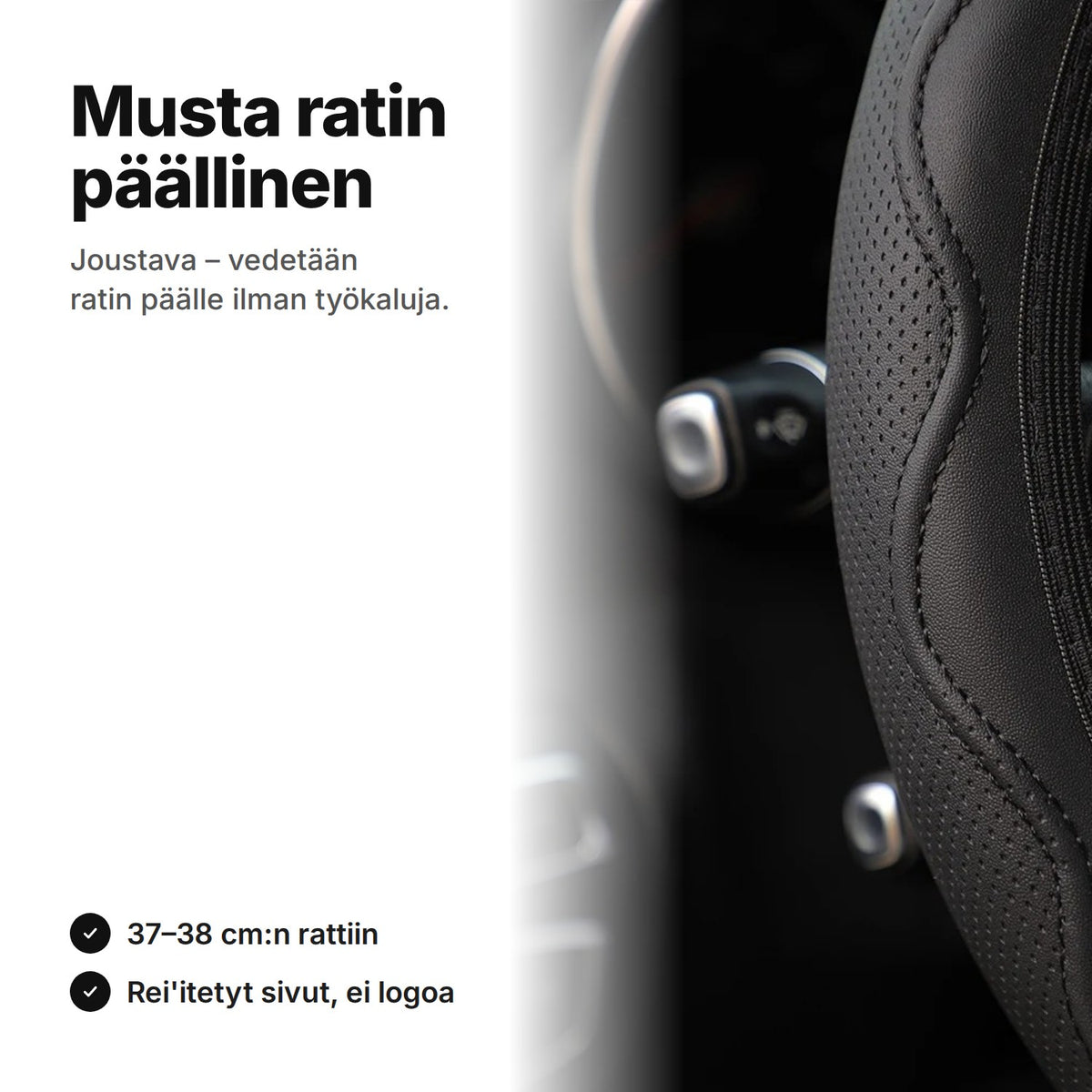 Musta, joustava ratin päällinen: rei'itetty sivu ja aaltoileva kohosauma