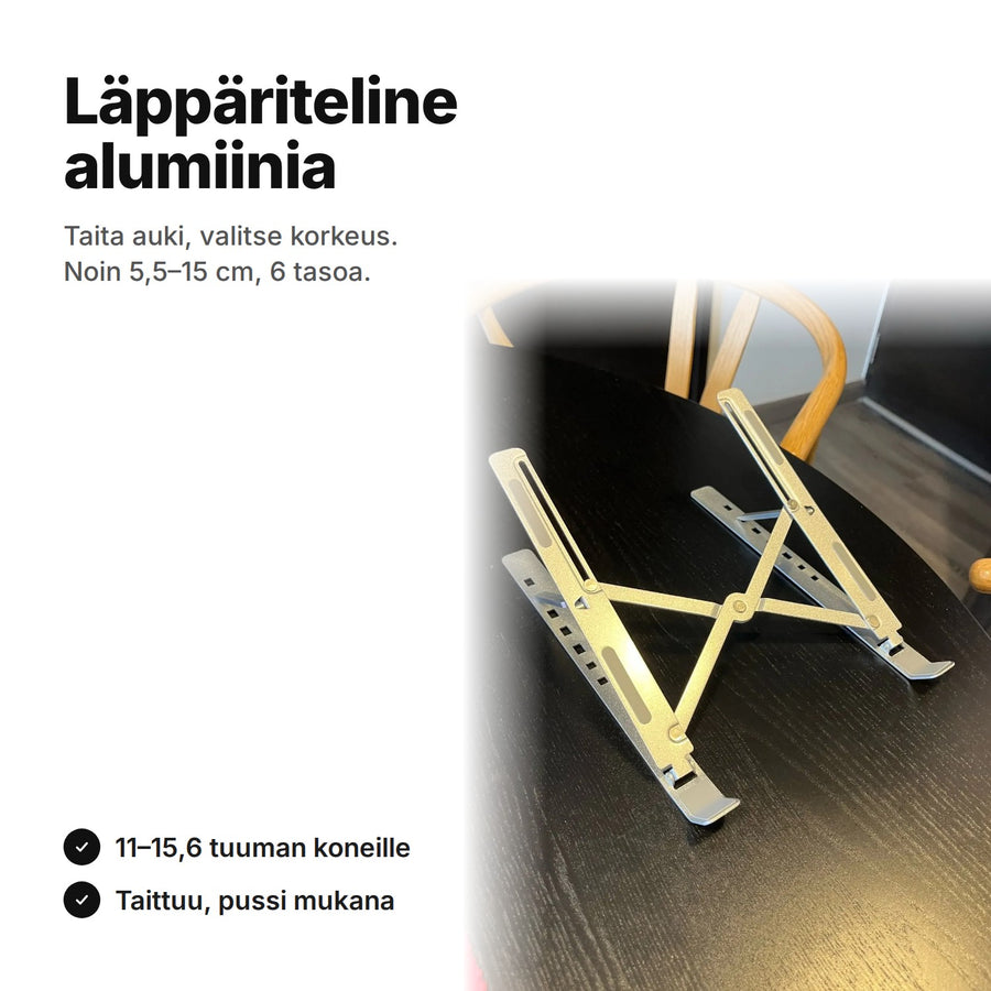 Läppäriteline alumiinia, taitettava, 6 korkeutta noin 5,5–15 cm