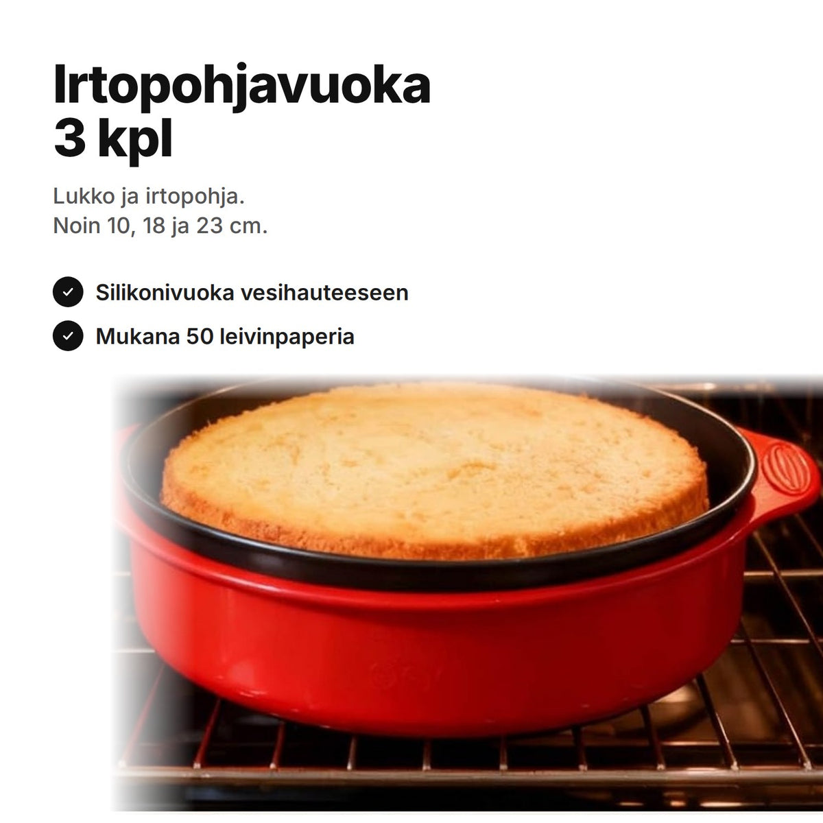Irtopohjavuoka 3 kpl: vuoka punaisessa silikonivuoassa uunissa – noin 10, 18 ja 23 cm, lukko ja irtopohja