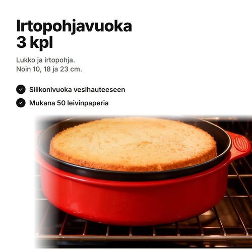 Irtopohjavuoka 3 kpl: vuoka punaisessa silikonivuoassa uunissa – noin 10, 18 ja 23 cm, lukko ja irtopohja