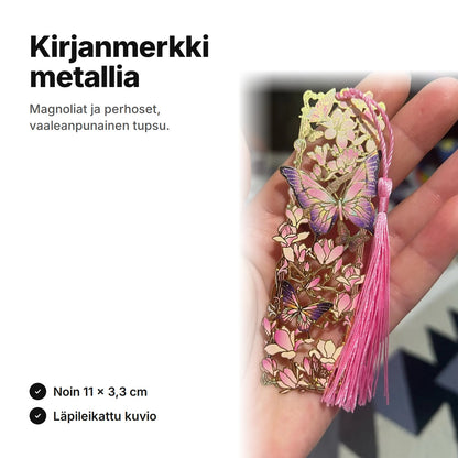 Kirjanmerkki metallia – magnoliat ja perhoset, vaaleanpunainen tupsu, noin 11 × 3,3 cm