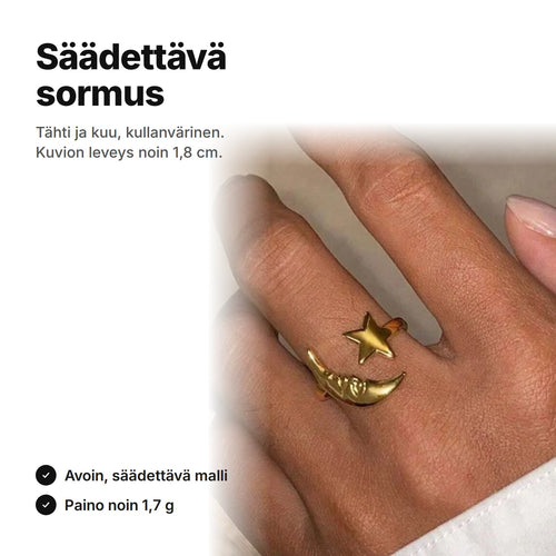 Kullanvärinen säädettävä sormus tähti ja kuu sormessa, kuvion leveys noin 1,8 cm